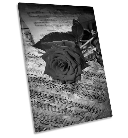 Rose Flower Vintage Music Sheet B&W - Wrapped Canvas Photograph