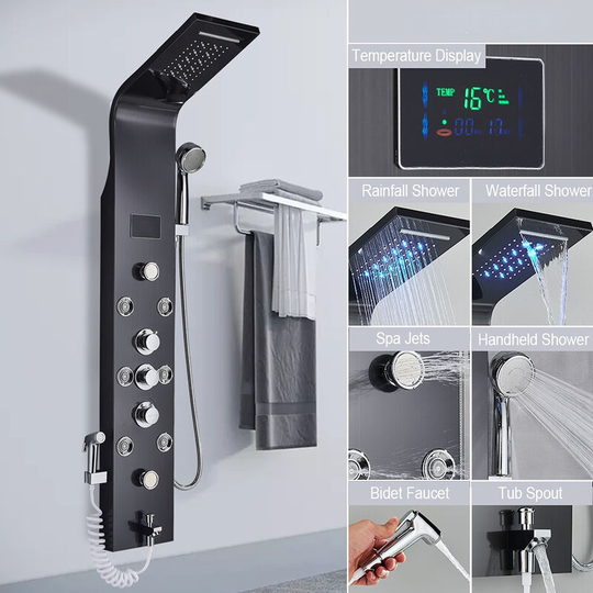 Shower Panel for Bathroom Hydromassages 6 Jets Shower System Multifunctional Shower Panel 6 Large Massaging Nozzles Shower Column,Black