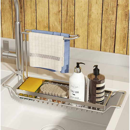 Expandable Kitchen Sink Organizer Sponge Holder with Stainless Steel Towel Rack Sponge Holder Sink Kitchen Sponge Storage for Brush and Dish Towel