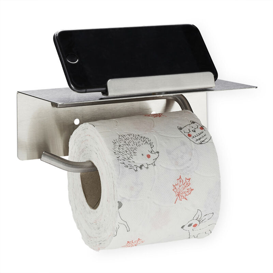 Toilet Paper Holder, 430 Brushed Stainless Steel, Wall Mounting, Phone Shelf, HxDxW: 7x18.5x10.5 cm, Silver - Relaxdays