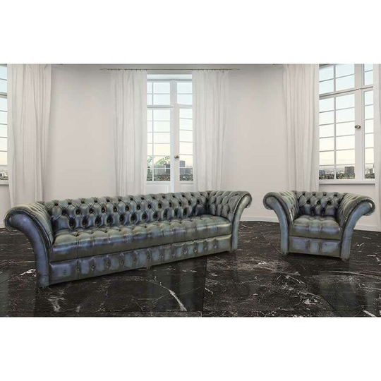 The Scholar Chesterfield Buttoned Base 4 Seater + Armchair Button Seat Sofa Suite Antique Blue Leather