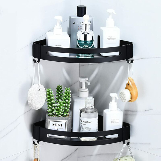 Bathroom Shelf Without Drilling, Black Wall Mounted Shower Shelf Corner Storage Basket With 4 Hooks Metal Corner Shelf For Shower Storage, Kitchen