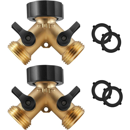 Two Way y Garden Hose Connector Diverter with Solid Brass Body + 4 Extra Rubber Hose Washers with Comfort Grip, 2 Pack