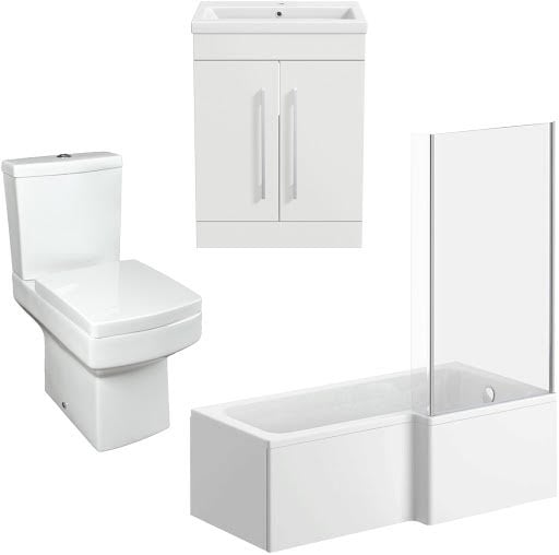 Royan Bathroom Suite with L Shape Shower Bath, Screen & Aurora Vanity Unit - Right Hand 1700mm