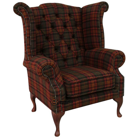 Chesterfield Queen Anne Wool Tweed Wing Chair Fireside High Back Armchair Sandringham Mandarin Check