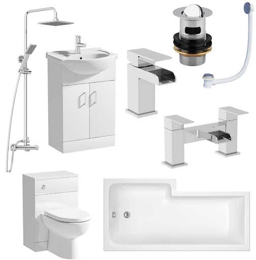 Amelie Bathroom Suite with L Shape Bath Taps Shower Screen & Vanity Unit Right Hand 1700mm