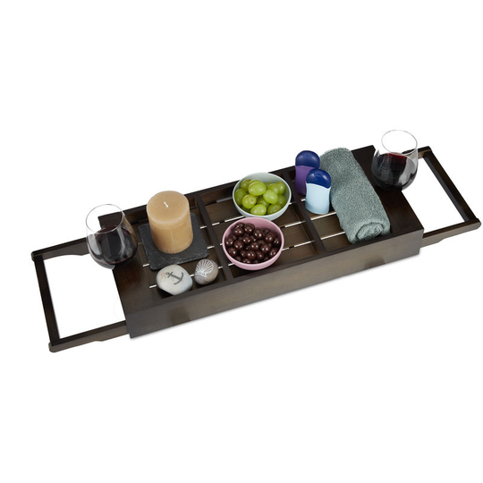 Extendable Bathtub Cady, Bamboo Bathroom Tray, Compartments for Soap & Phone, Wine Glass Holder, Dark Brown - Relaxdays