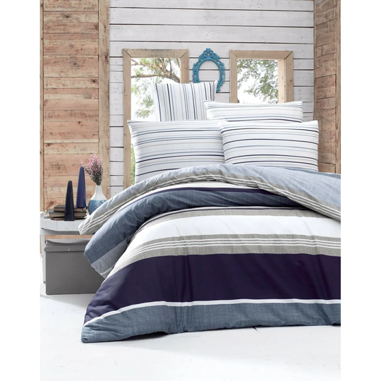 Wes Blue/White/Grey 100% Cotton Duvet Cover Set
