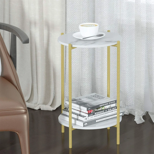 Gold End Table 2 Tier Small Round Side Table Bedside Tables Diameter 40.5 Cm Marble End Table With Luxury Gold Frame Nordic Small Coffee Table,Corner