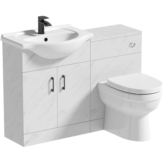 Lea marble 1155mm combination with black handle and Eden back to wall toilet with seat - White - Orchard