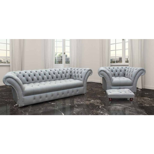 Chesterfield Grosvenor 3 Seater + Armchair + Footstool Sofa Settee Buttoned Seat Silver Grey Leather