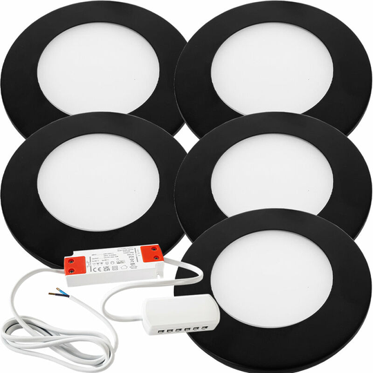 Loops - 5x matt black Ultra-Slim Round Under Cabinet Kitchen Light & Driver Kit - Natural White Diffused led