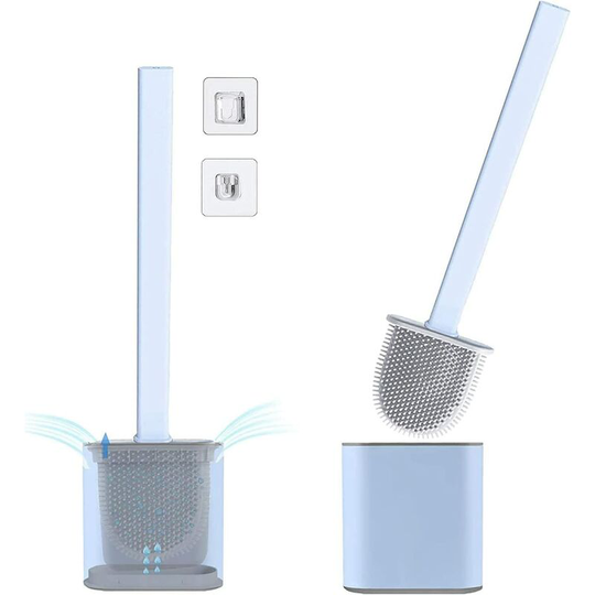 Wc brush and support, brush toilet wc silicone, wc brush long with hygienic support with water filter base and fast drying (sky blue)