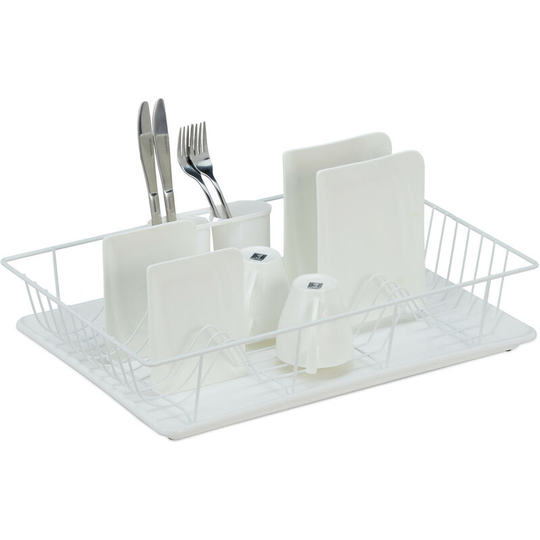 Relaxdays - Dish Drainer, Drying Rack with Cutlery Holder & Drip Tray, Metal & Plastic, hwd 15.5 x 45 x 35 cm, White