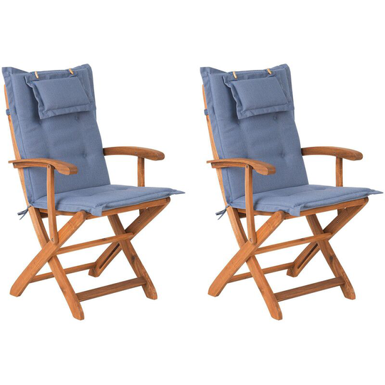 Set of 2 Wooden Garden Folding Chairs Outdoor Dining Blue Cushion Maui - Light Wood