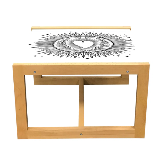 Alchemy Coffee Table, Sketch Graphic Of Flourish Heart Centered Sun Abstract Art, Acrylic Glass Center Table With Wooden Frame For Offices Dorms Charc