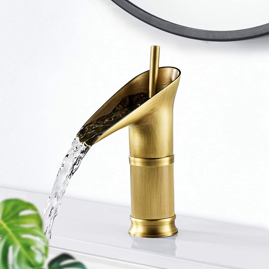 Antik Messing Waterfall Bathroom Faucet, Black Bathroom Faucet with Hot and Cold Waterfall Basin Mixer Tap, Elegant Brass Basin Faucet (Antik Messing)