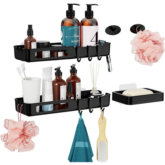 Bathroom Shelf Without Drilling, Rustproof Shower Shelf, Stainless Steel Shower Holder Without Drilling 2 Pieces With Soap Dish, 6 Hooks And 6 Wall