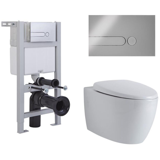 Milano - Altham - White Ceramic Modern Bathroom Wall Hung Round Rimless Toilet wc with Short Frame Cistern and Dot Chrome Flush Plate