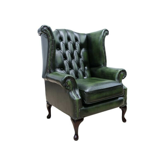 Chesterfield Georgian Queen Anne Wing Chair Antique Green Leather