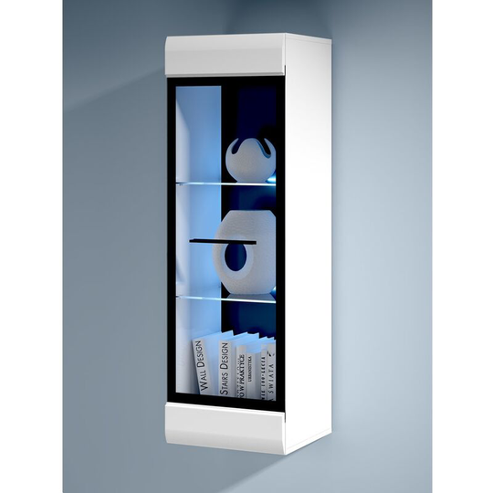 White High Gloss Wall Display Cabinet Glass Door led Lights Unit Fever New - White Gloss
