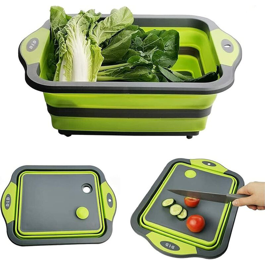 Perlerare - 3 in 1 Folding Cutting Board Cutting Basket with Drain Plug and Multi-Function Scissor Drain Basket for Kitchen, Travel, Camping (Green)