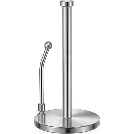 Paper Towel Holder for One Hand Tear, Non-Slip Weighted Base Paper Towel Dispenser, Spring Loaded Arm Fits Most Size Paper Rolls, Stainless Steel