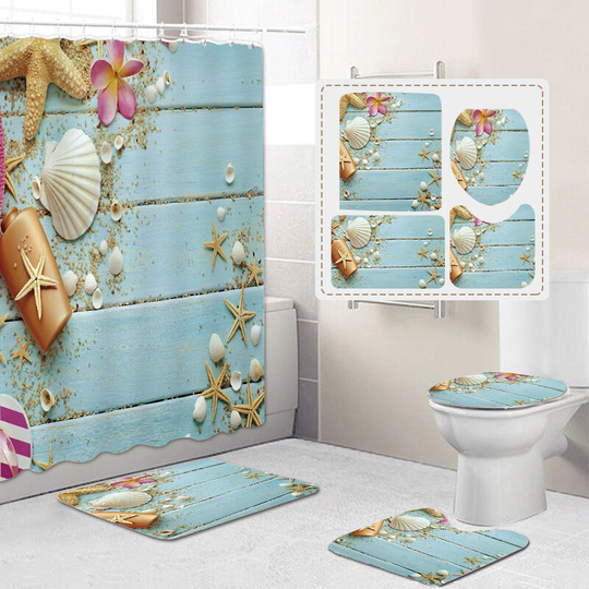 Shower Curtains with Soft Non-Slip Bath Mat Toilet Cover for Bathroom Four Pieces, Home Waterproof Bathtub Curtain Sets, Marine Style Plywood Shells