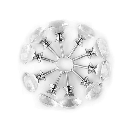 Cabinet Drawer Cupboard Door Knob Handle - Clear Crystal Glass Diamond + Silver Alloy Base - 30mm - with 1 Length Screws 10PCS-betterlife