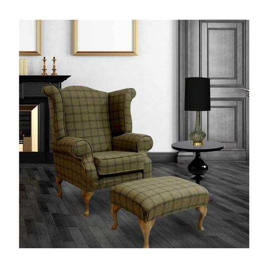 Chesterfield Edward Queen Anne Wool Tweed Althrop Topaz Wing Chair Fireside High Back Armchair + Footstool