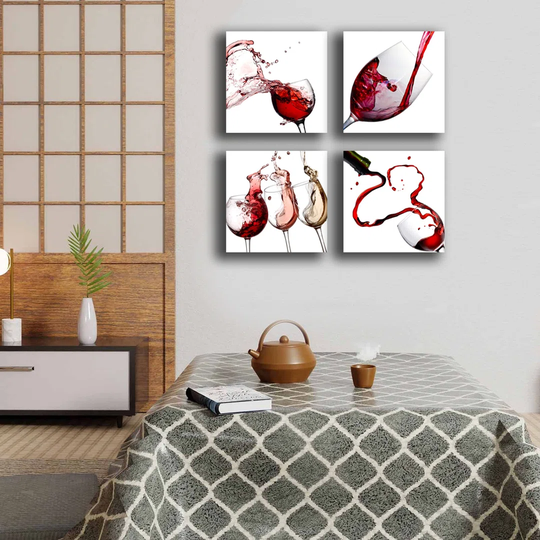 Wine Red Goblets Glasses - 4 Piece Wrapped Canvas Painting Set