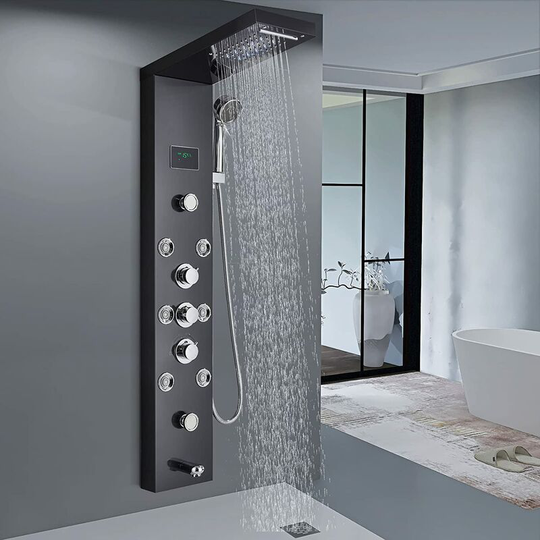 Suguword - led Shower Tower Panel Temperature Display Stainless Steel Handheld Sprayer Waterfall and Rainfall Shower Head Massage Jets Multi Function