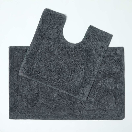 Luxury Two Piece Cotton Grey Bath Mat Set - Grey - Grey - Grey - Homescapes