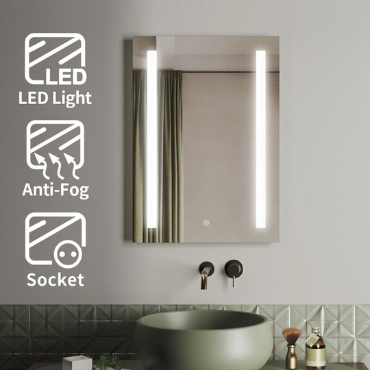 Elegant - 500 x 700mm led Illuminated Bathroom Mirror with Light Sensor + Demister + Shavor Socket