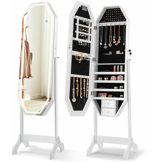 3-in-1 Jewelry & Makeup Storage Cabinet Full Length led Mirror w/ Touch Switch