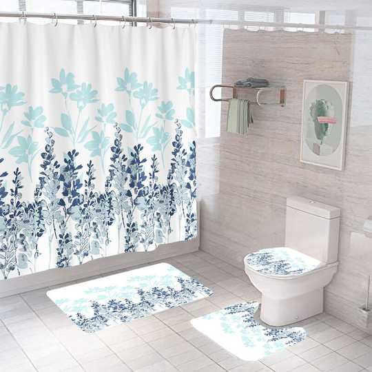 Shower Curtains with Soft Non-Slip Bath Mat Toilet Lid for Bathroom Four Pieces, Home Waterproof Bathtub Curtain Sets, Fresh Flower Pattern 3D