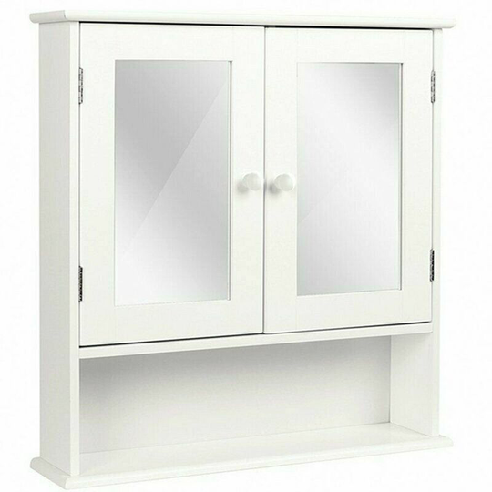 Bathroom White Wall Cabinet Storage Mirror Double Door Cupboard - Homfa