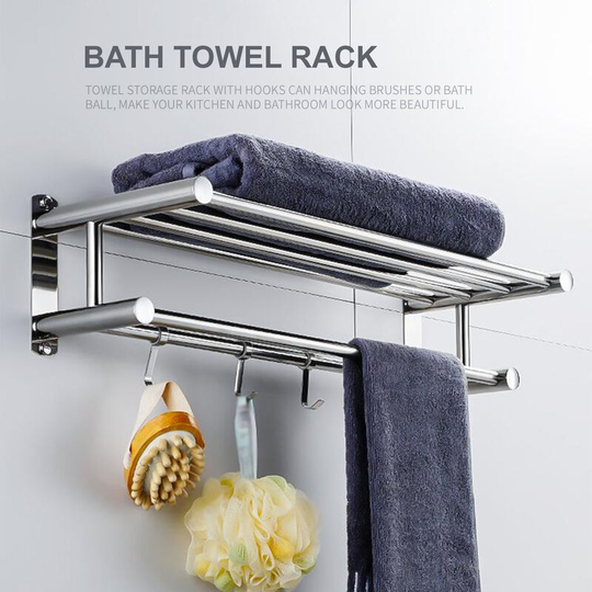Bath Towel Rack Double Layered Bathroom Shelves with 4 Removable Hooks Wall Mounted Towel Holder
