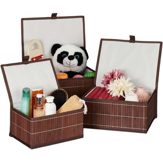 Set of 3 Bamboo Storage Baskets, Storage Boxes with Lid, Bamboo Container, Decorative Storage, Brown - Relaxdays