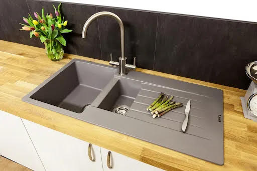 Reginox Harlem15 Pure Silver Grey Granite 1.5 Bowl Kitchen Sink with Genesis Mixer Tap
