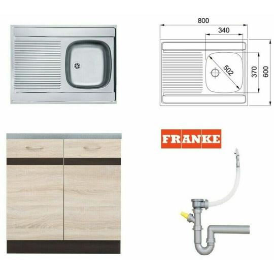 Impact Furniture - 800 Kitchen Sink Unit Base Cupboard 80cm Cabinet with Single Bowl Franke Sink Oak & Wenge Finish Junona - Sonoma Oak / Wenge