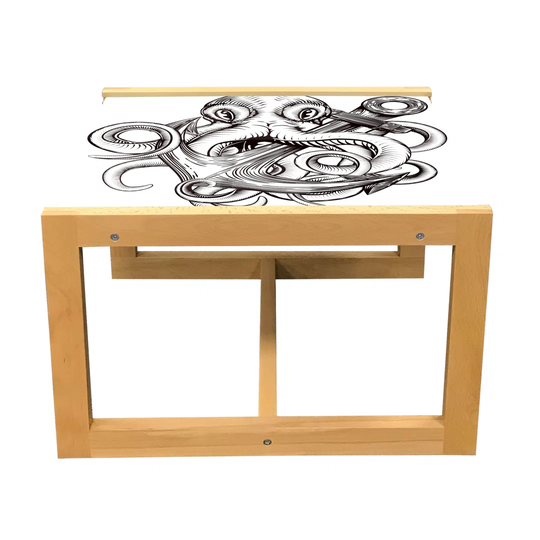 Octopus Coffee Table, Illustration Of An Octopus Holding A Ships Anchor In A Vintage Woodblock Style, Acrylic Glass Center Table With Wooden Frame For