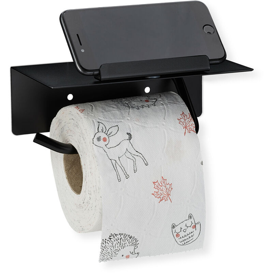 Relaxdays Toilet Paper Holder, 430 Brushed Stainless Steel, Wall Mounting, Phone Shelf, HxDxW: 7x18.5x10.5 cm, Black