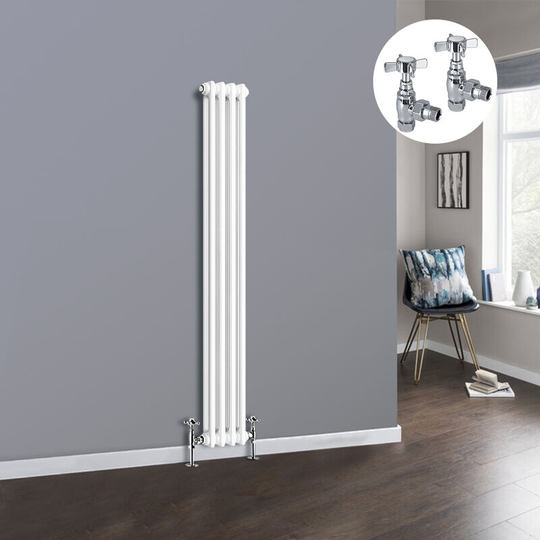White 2 Column Traditional Cast Iron Style Radiator with Chrome Angled Cross Head Manual Valves Vertical 1500x200mm