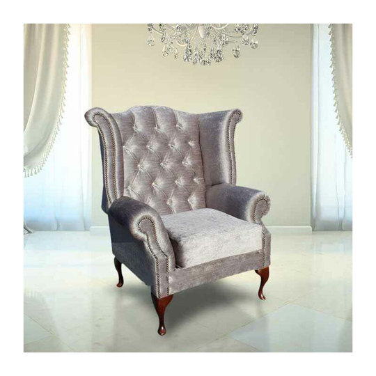Chesterfield Crystal Queen Anne High Back Wing Chair Belvedere Pewter Grey Velvet