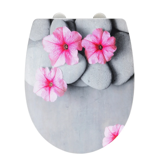 Pretty toilet seat with high-gloss surface, toilet seat with soft-closing mechanism, quick-fastening, made of break-resistant thermoplastic material