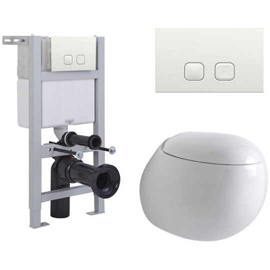 Milano - Mellor - White Ceramic Modern Bathroom Wall Hung Round Toilet wc with Short Wall Frame Cistern and Square White Flush Plate