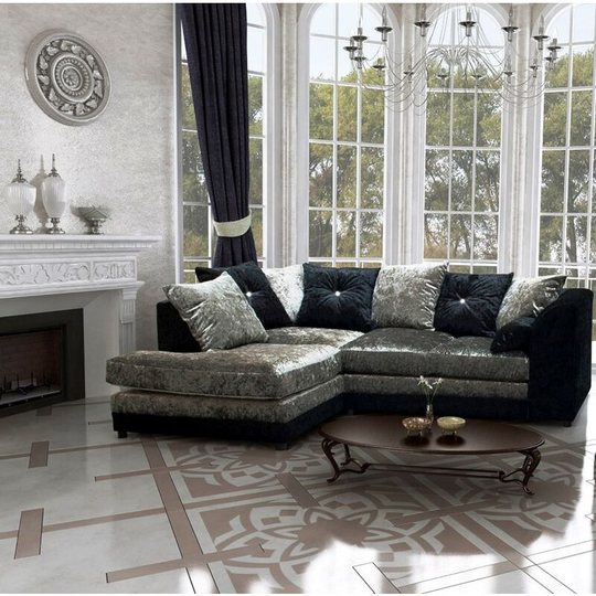 Bella Left Hand Facing Crushed Velvet Corner Sofa - Black & Silver