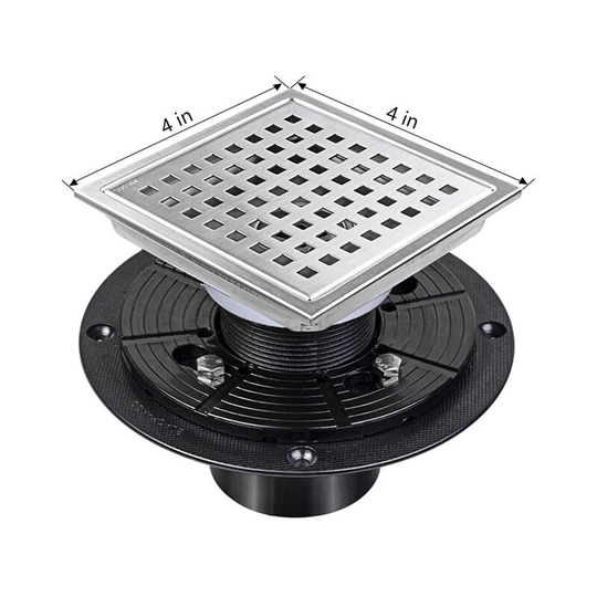 4' (110MM) Square Shower Drain with Adjustable Shower Drain Base Flange, sus 304 Stainless Steel Floor Drain, Removable Cover