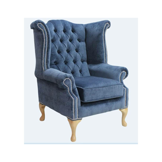 Chesterfield Queen Anne High Back Wing Chair Velluto Blue Fabric Yew Feet